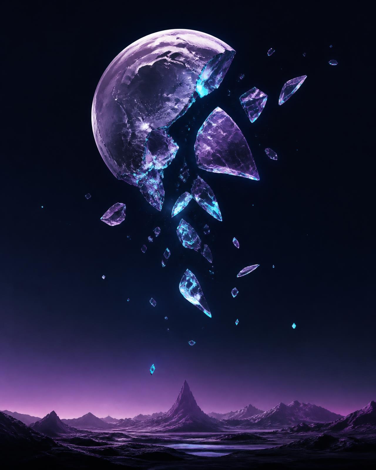 A shattering crystalline moon above a dark violet mountain horizon