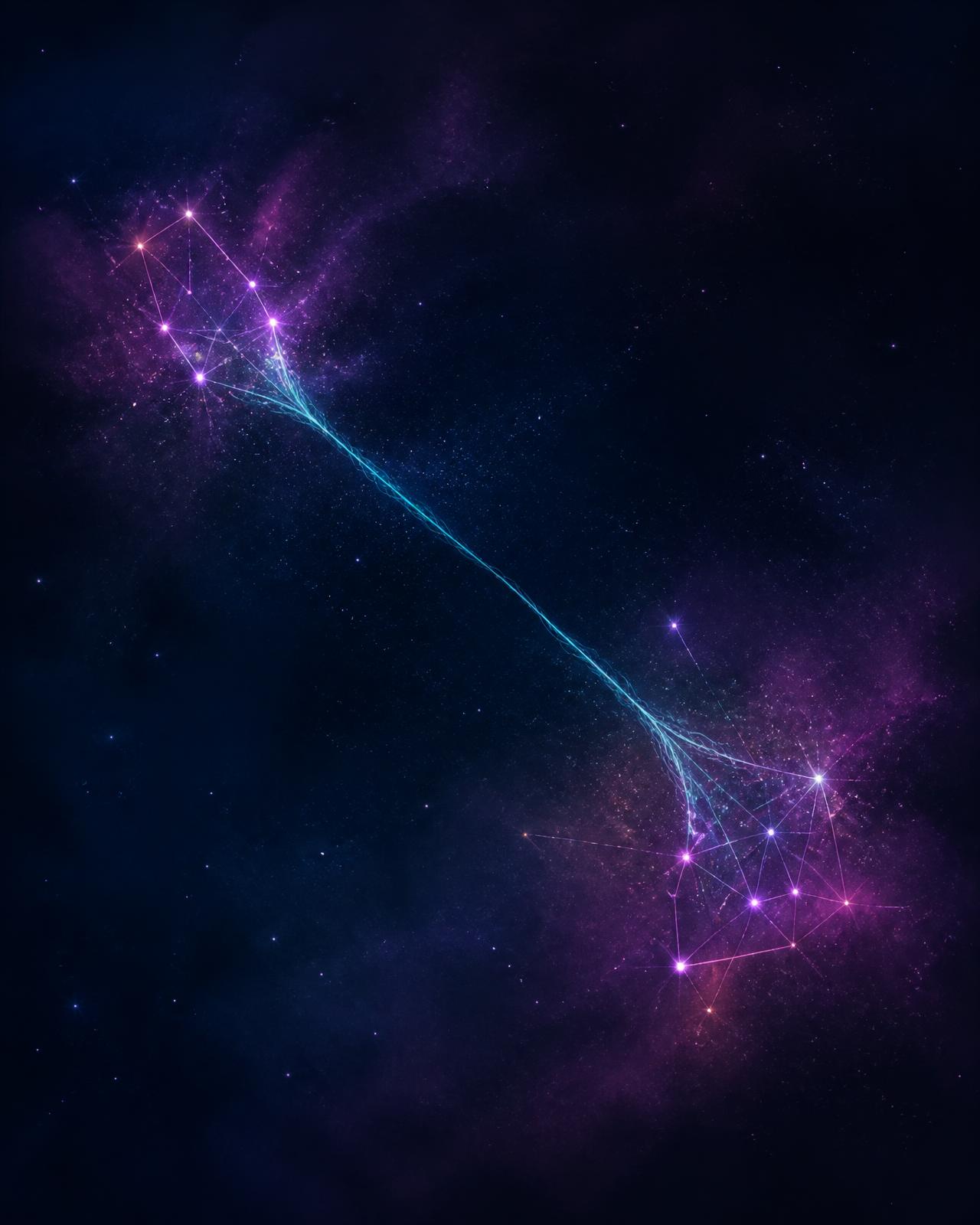 Two glowing constellations linked by a thin teal thread across a starfield