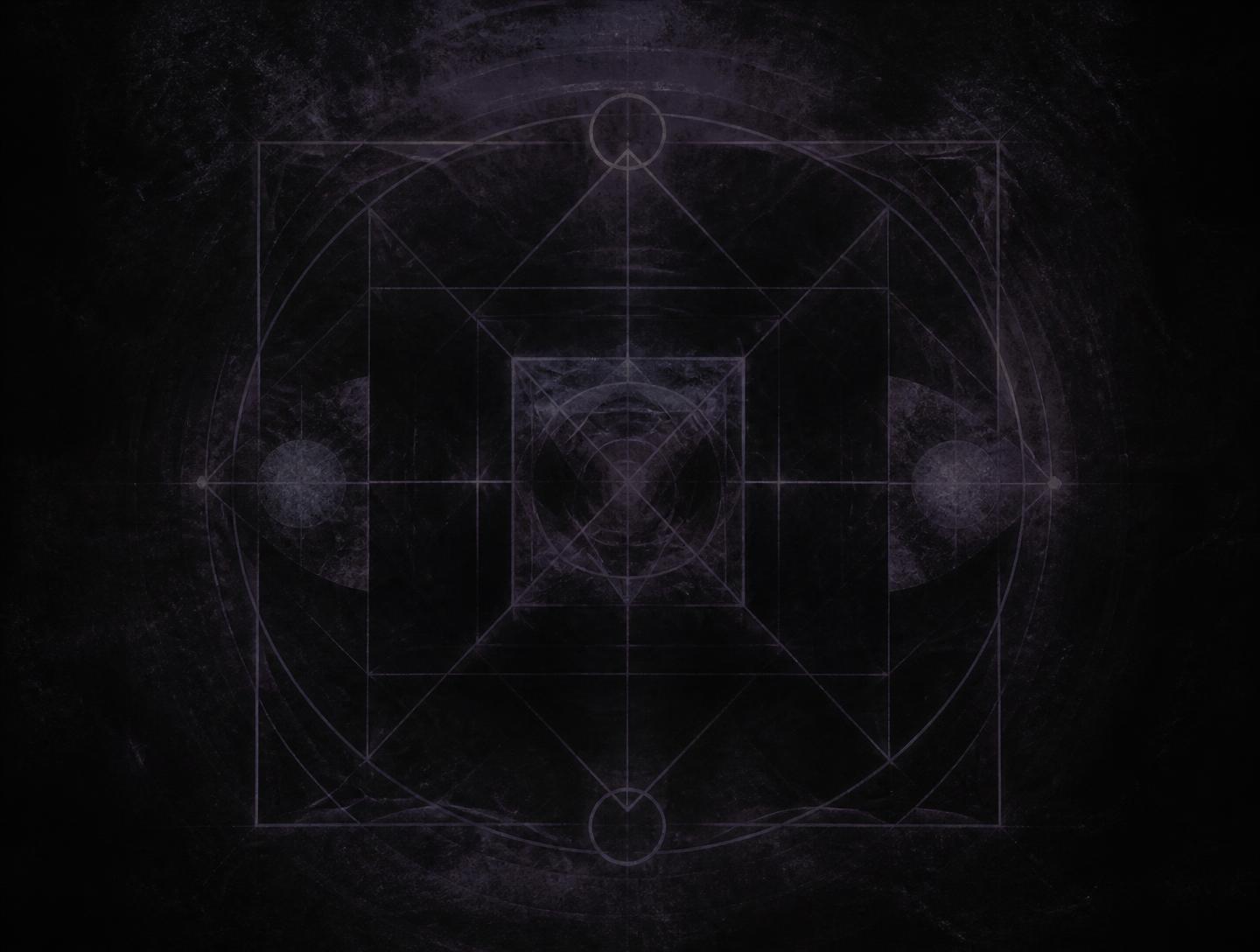 Faint violet geometric sigil on a near-black dusty ground